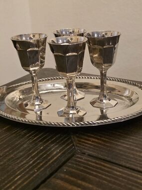 Silver Plated Cord-Edge Tray with Set of Four Silver Goblets